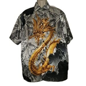 Vtg Trust Satin Dragon All Over Print Short‎ Sleeve Button up Shirt Men's M Y2K